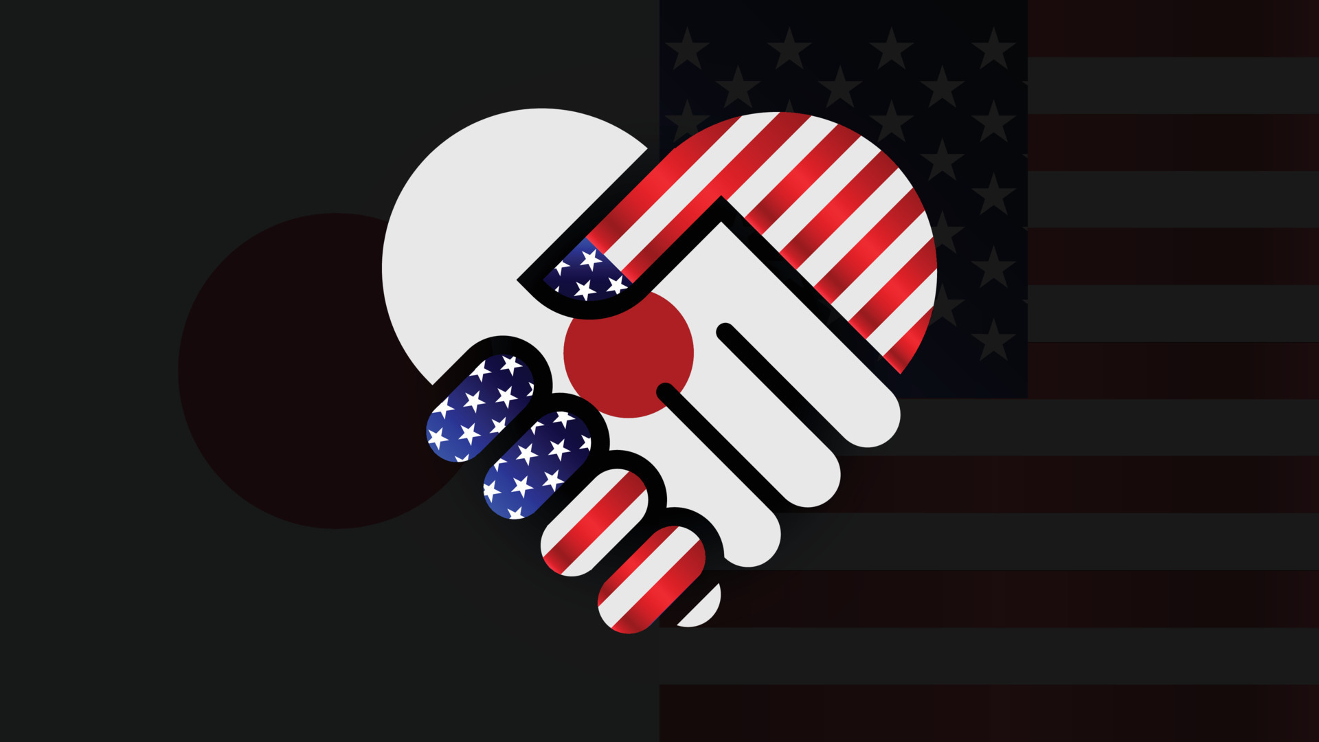 United states of america and japan flags in relations handshake two