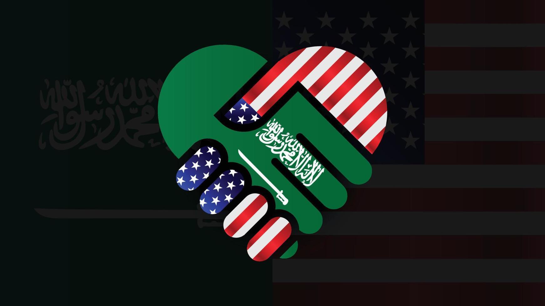 banderas de los estados unidos de américa y arabia saudita en el apretón de manos de las relaciones. dos banderas juntas. uso adecuado para eventos de arabia saudita y américa vector