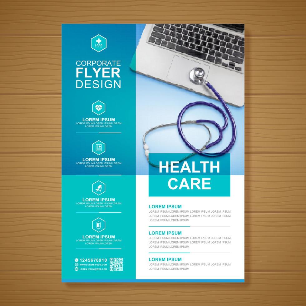Healthcare cover a4 template design and flat icons for a report and medical brochure design, flyer, leaflets decoration for printing and presentation vector illustration
