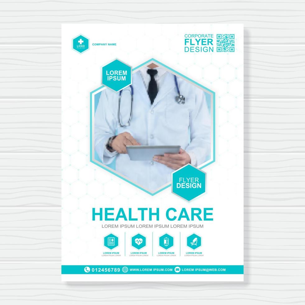 Healthcare cover a4 template design and flat icons for a report and medical brochure design, flyer, leaflets decoration for printing and presentation vector illustration