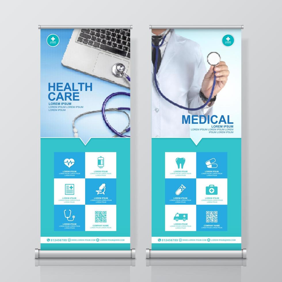 Healthcare and medical and flat icons roll up design, standee and banner template decoration for exhibition, printing, presentation and brochure flyer concept vector illustration