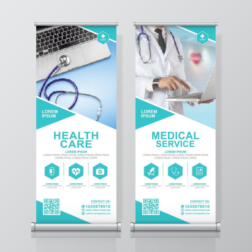 Healthcare and medical and flat icons roll up design, standee and banner template decoration for exhibition, printing, presentation and brochure flyer concept vector illustration