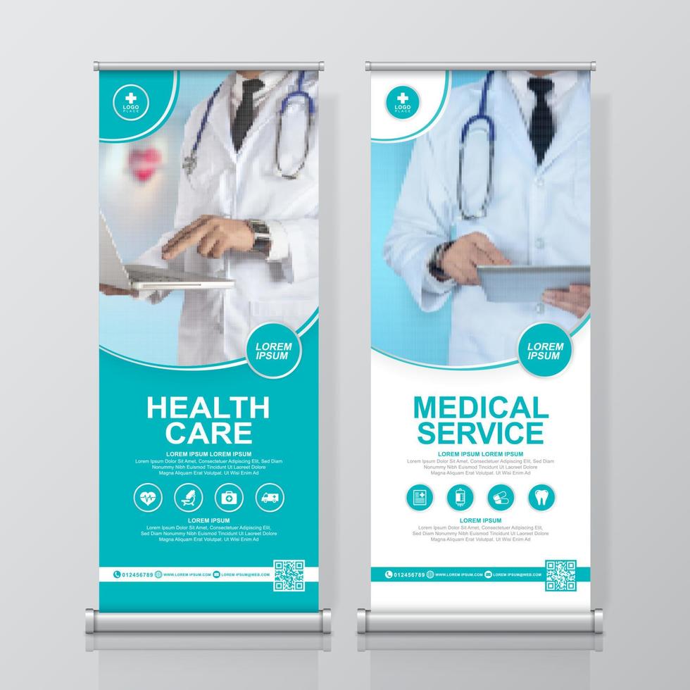 Healthcare and medical and flat icons roll up design, standee and banner template decoration for exhibition, printing, presentation and brochure flyer concept vector illustration