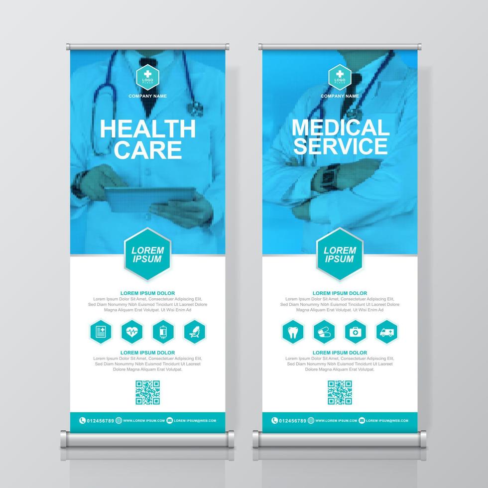 Healthcare and medical and flat icons roll up design, standee and banner template decoration for exhibition, printing, presentation and brochure flyer concept vector illustration