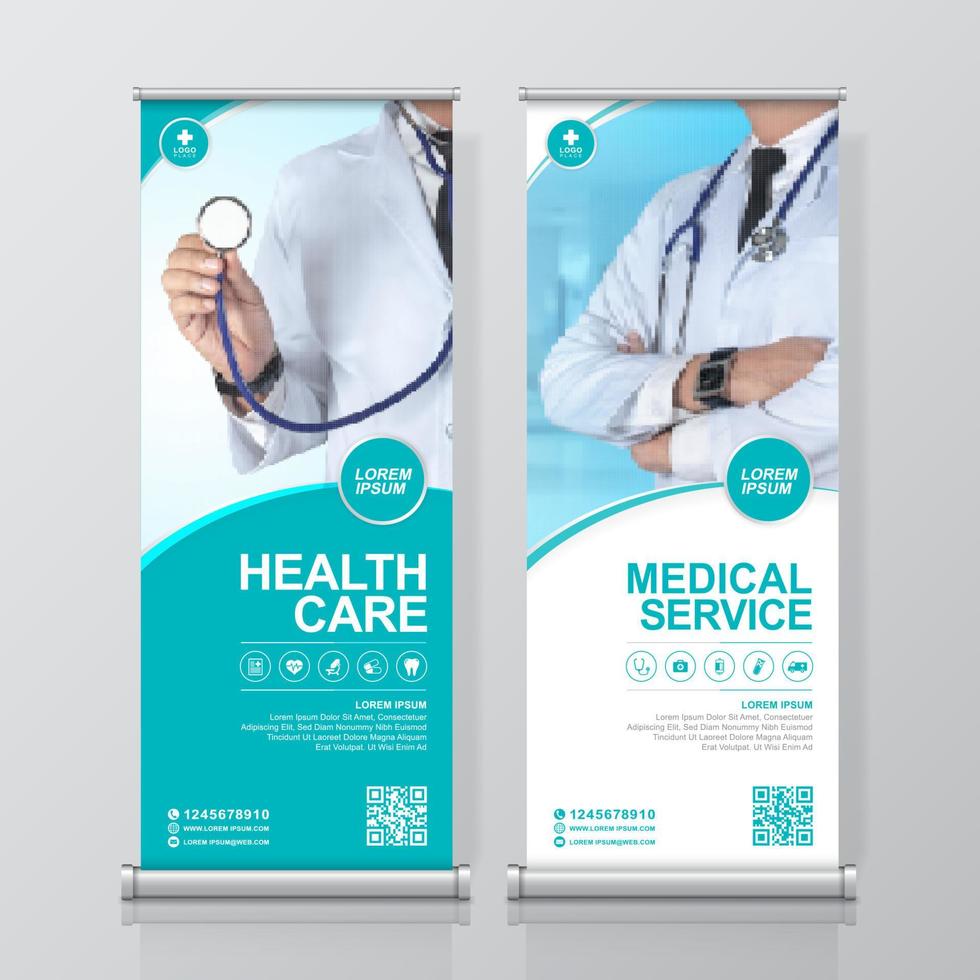 Healthcare and medical and flat icons roll up design, standee and banner template decoration for exhibition, printing, presentation and brochure flyer concept vector illustration