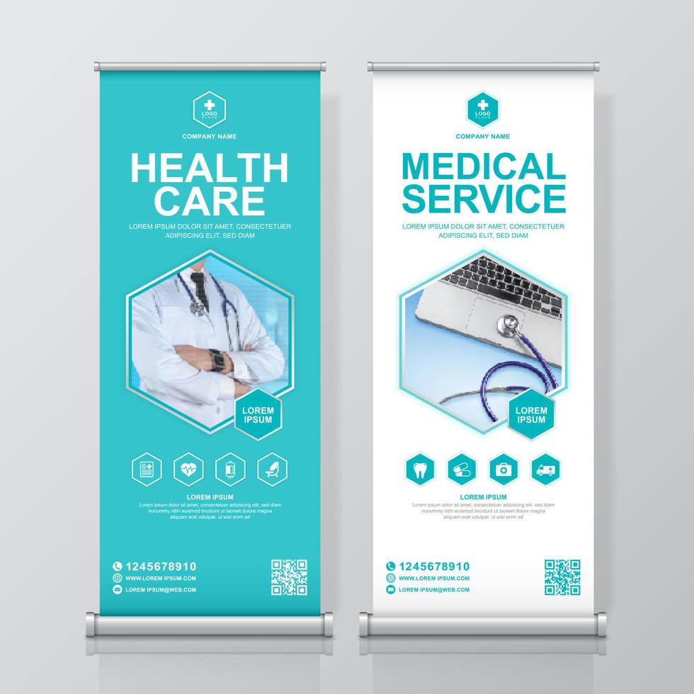 salud y médicos y iconos planos enrollan diseño, standee y decoración de plantilla de banner para exhibición, impresión, presentación y concepto de volante de folleto ilustración vectorial vector