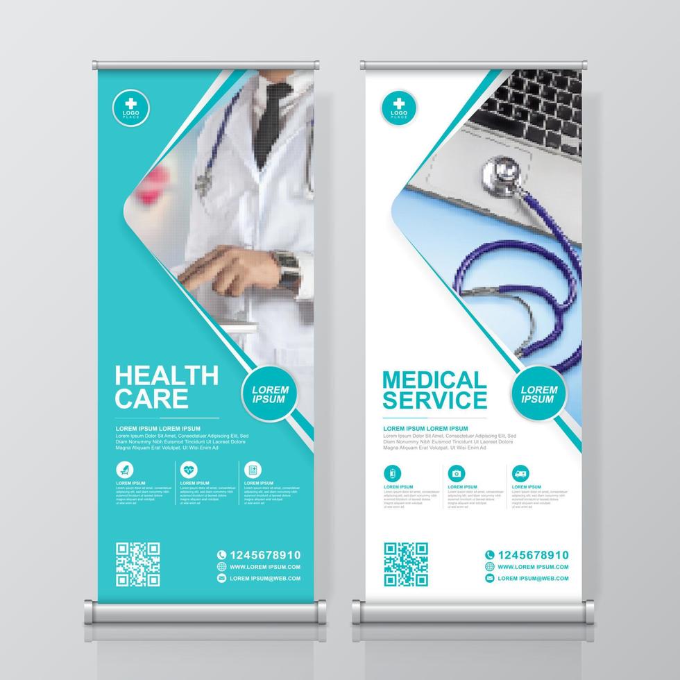 Healthcare and medical and flat icons roll up design, standee and banner template decoration for exhibition, printing, presentation and brochure flyer concept vector illustration