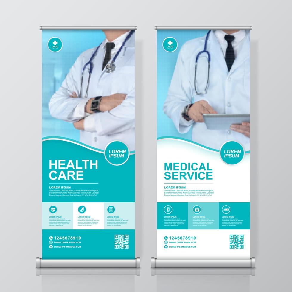 salud y médicos y iconos planos enrollan diseño, standee y decoración de plantilla de banner para exhibición, impresión, presentación y concepto de volante de folleto ilustración vectorial vector