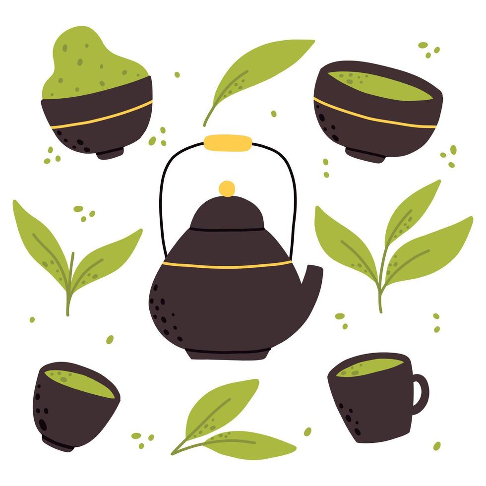 Matcha tea. Vector set of organic tea matcha powder, tea leaves, teapot, traditional cup. Green tea ceremony. Healthy drink.