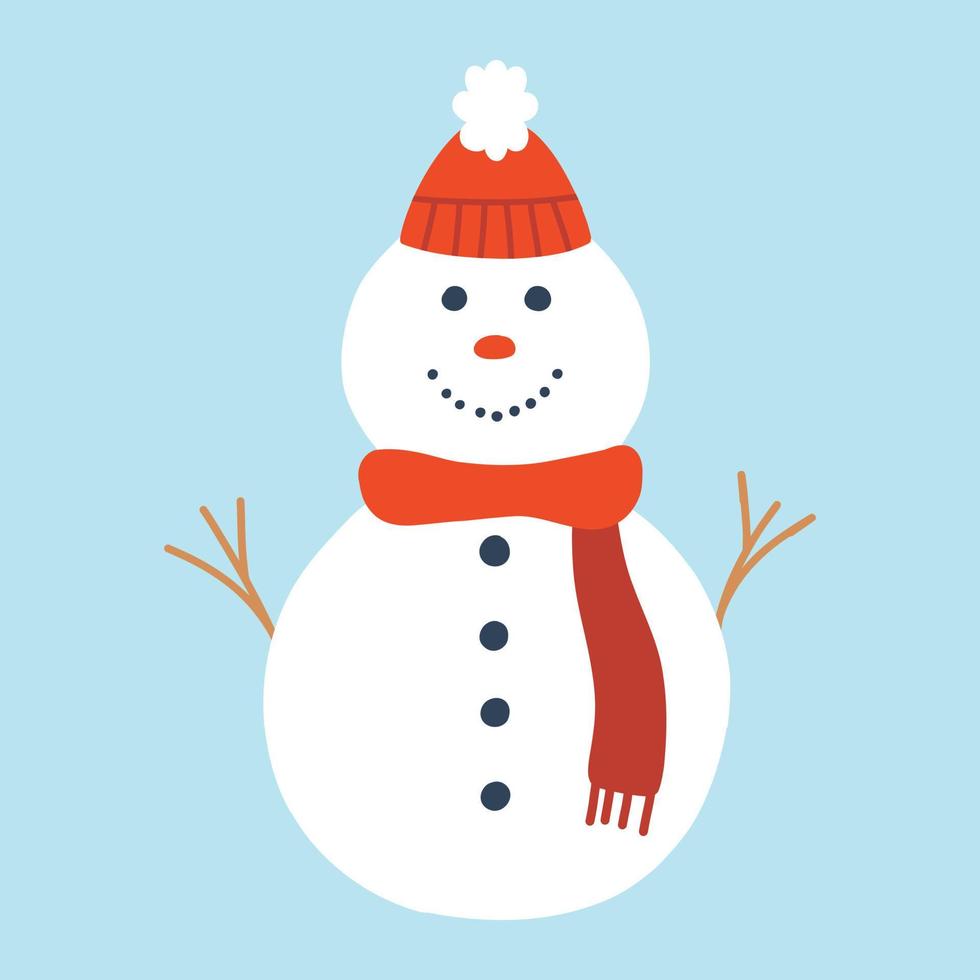 Cute snowman in a hat and scarf. Isolated snowman. Vector illustration. Flat style.