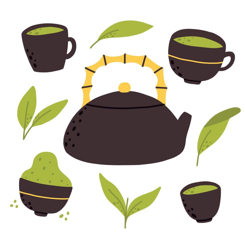te matcha conjunto vectorial de polvo de matcha de té orgánico, hojas de té, tetera, taza tradicional. ceremonia del té verde. bebida saludable vector