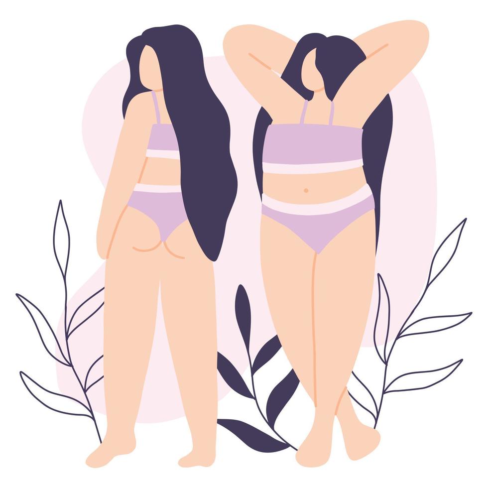 Woman body positive. Poster with girl and leaves. Vector illustration. Flat style.