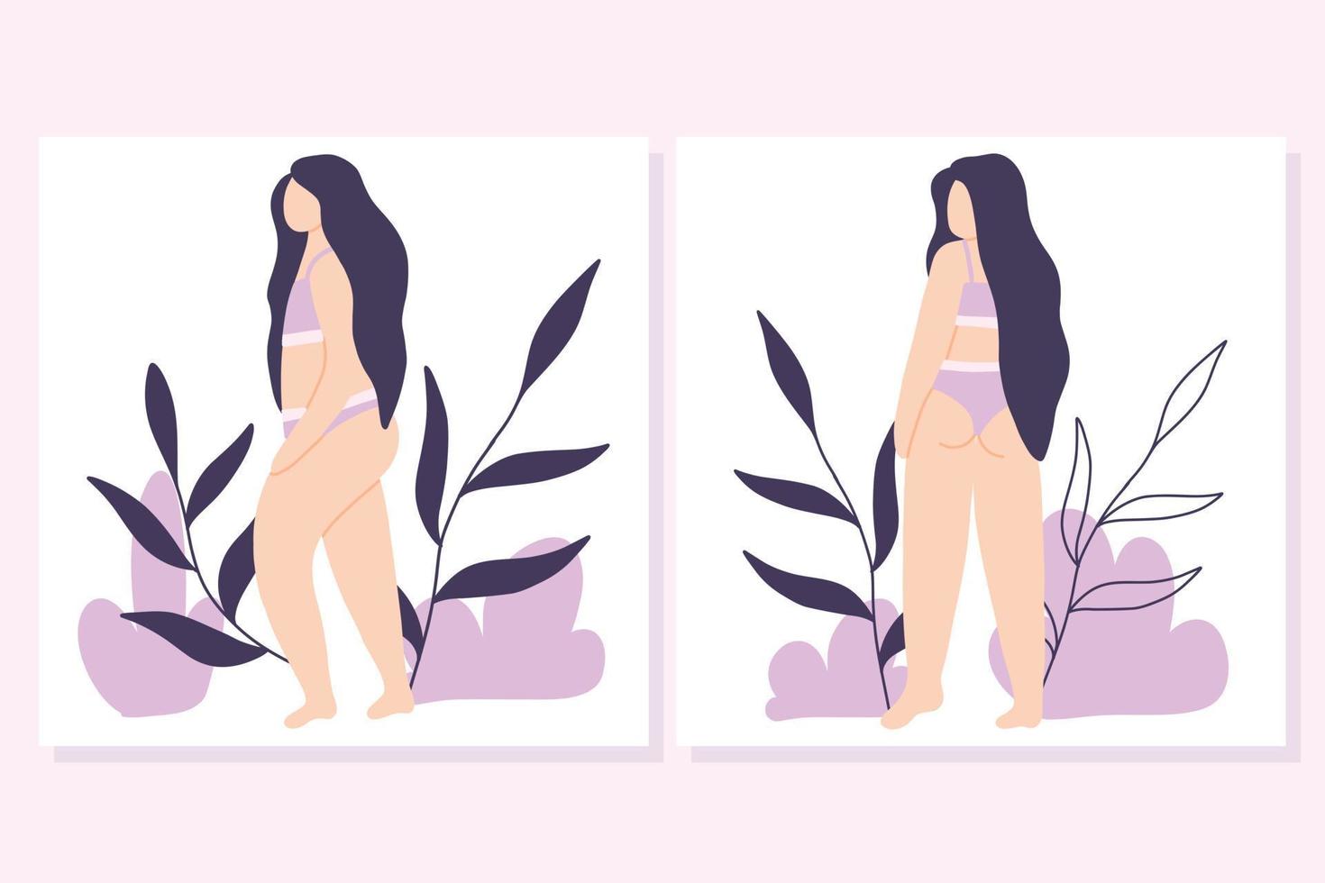 Set of bodypositive posters with a girl. Collection of postcards with a girl in lingerie. Flat style. Vector illustration.