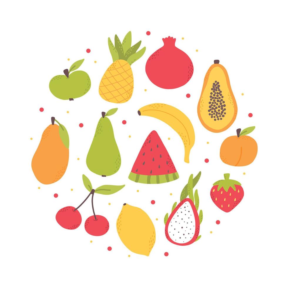 Card with delicious fruits. Tropical fruits pineapple, papaya, dragon fruit, mango. Vector illustration. Drawn style.
