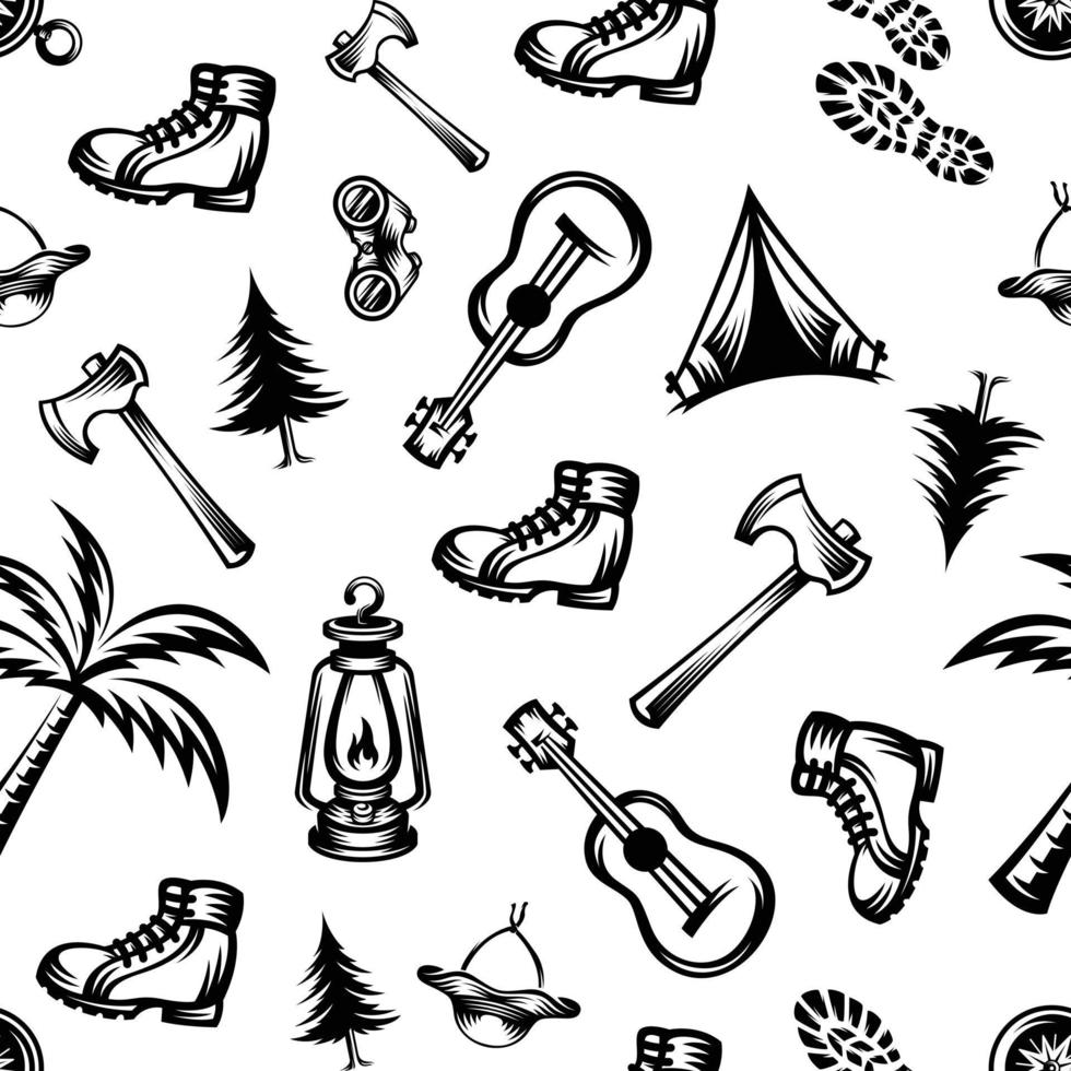 pattern seamless of compass, ax, shoe, footprints of shoes, guitar, binoculars, pine tree, oil lamp, hat, palm tree in style vintage, retro, engraved. - vector illustrations