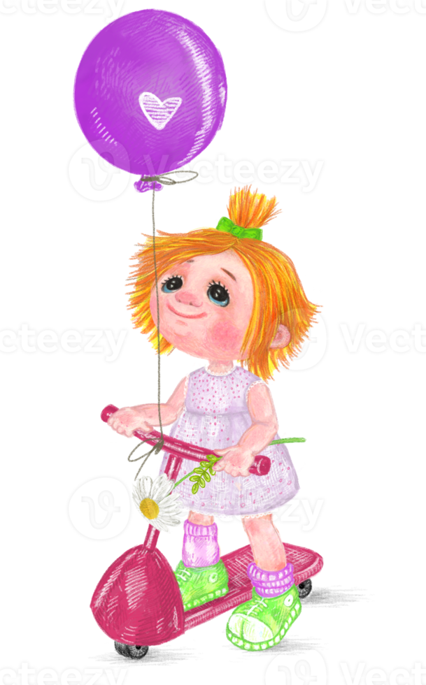 Little girl is riding a kick scooter. A balloon is tied to the steering wheel. She has a flower in her hands. Pictures for children's books and cartoons. Children activity illustration. png