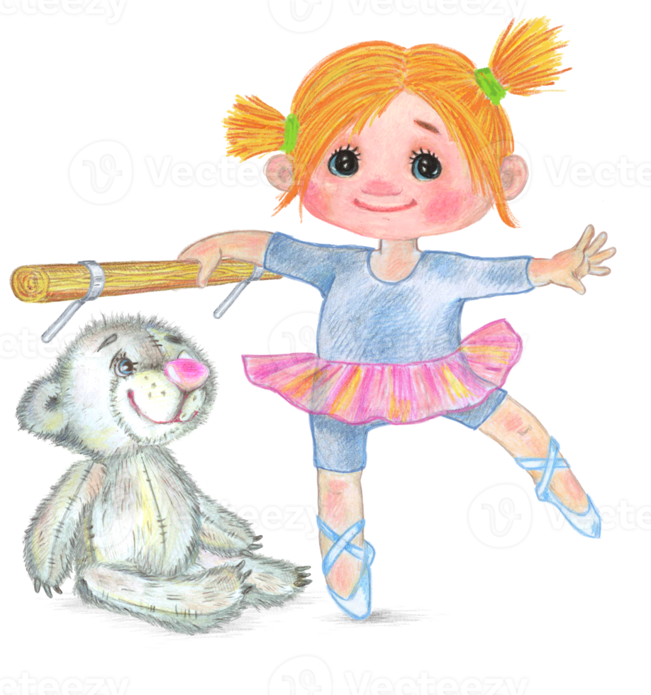 Ein kleines Mädchen macht Ballett. in der Nähe ihres Lieblingsteddybären. illustration für kinderbuch, cartoon. png