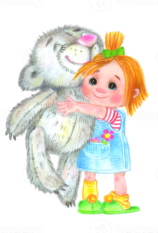 A little girl hugs a teddy bear. The girl and the teddy bear are happy. Pencil drawing. Illustration for children's book and children's creativity. png