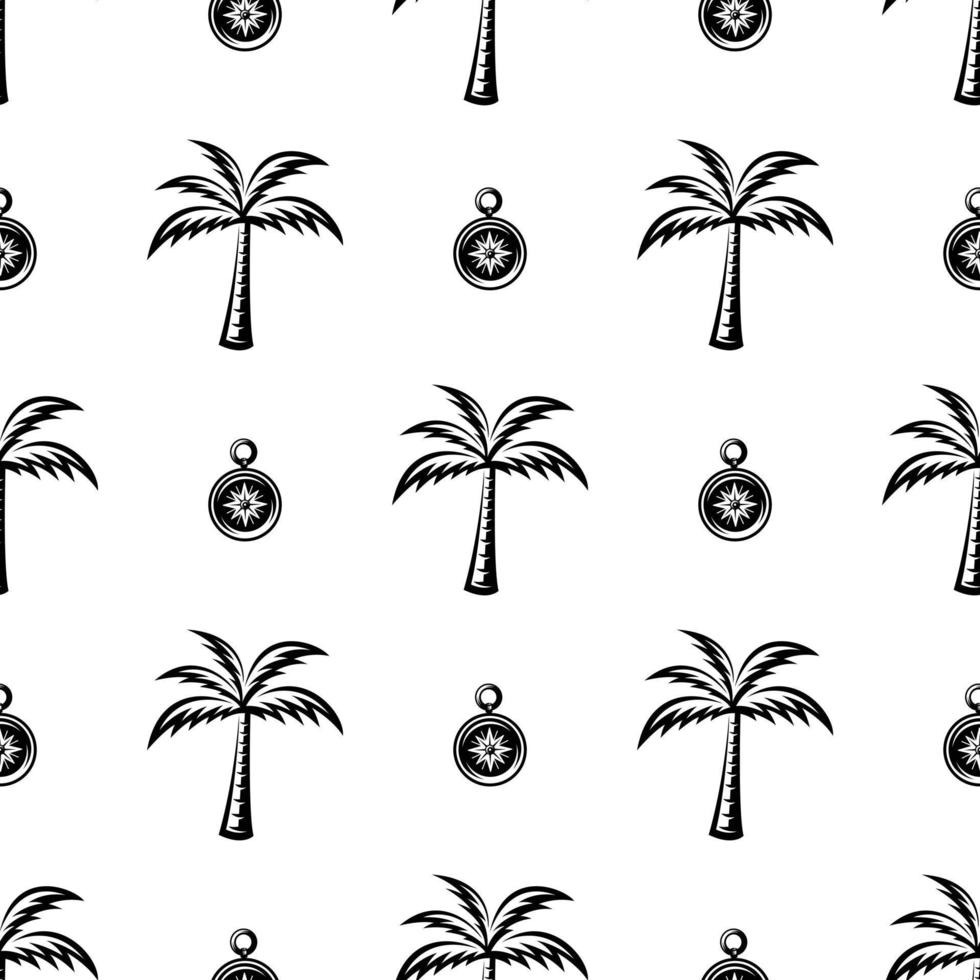 pattern seamless of palm tree  and compass in style vintage, retro, engraved. - vector illustrations