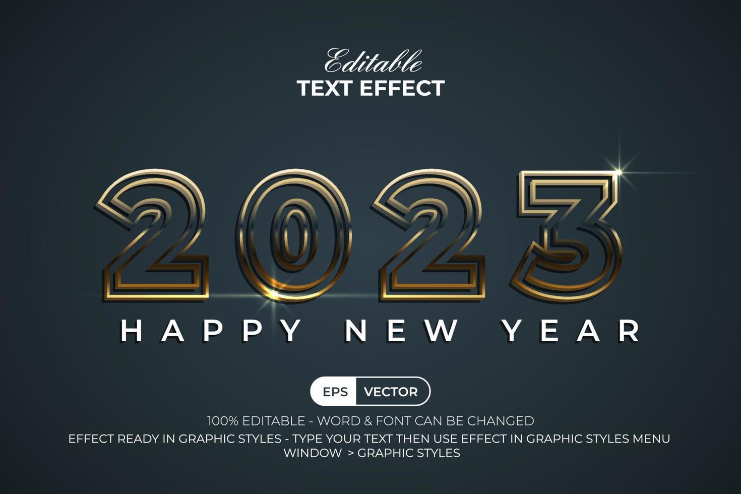 2023 año nuevo efecto de texto estilo dorado. efecto de texto editable. puede usarse para pancarta, promoción, presentación o afiche o tarjeta de regalo. vector