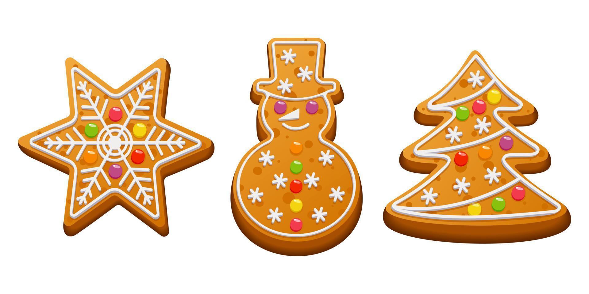 Festive winter cookies snowman, christmas tree, star with sugar icing and marmalade. Gingerbread for Christmas. Vector illustration.