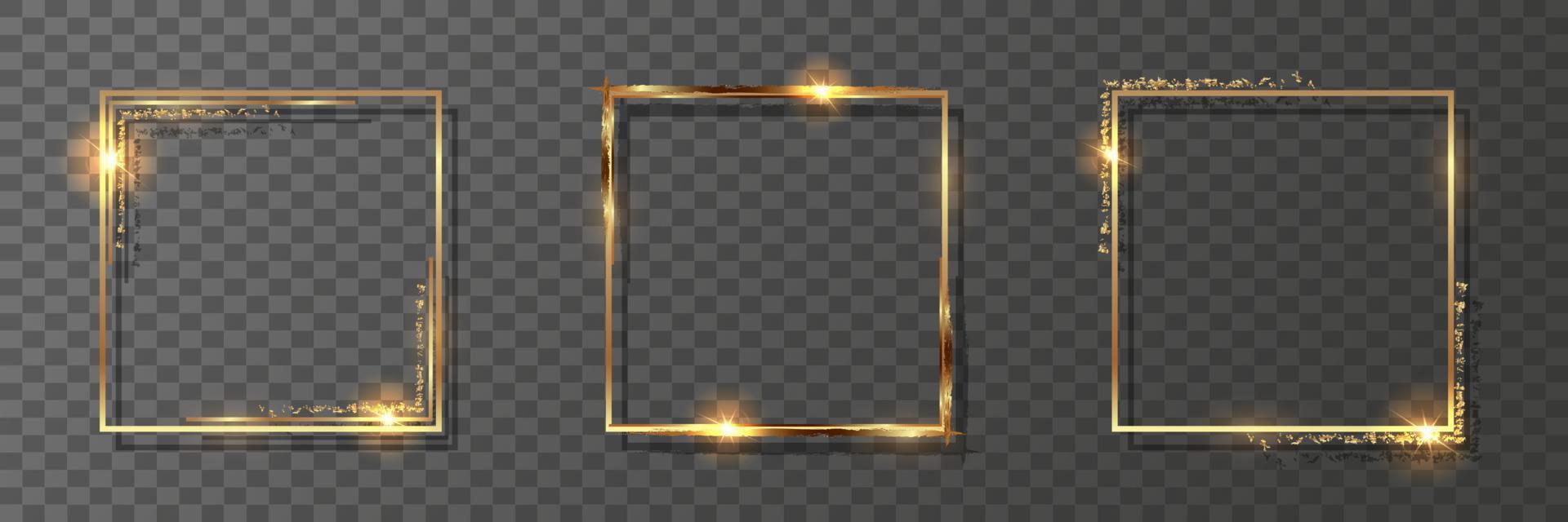 Three square golden decorative frames. Set of shiny gold borders. Vector illustration.