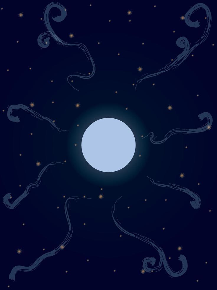 Cartoon style night sky with moon, stars and clouds vector illustration