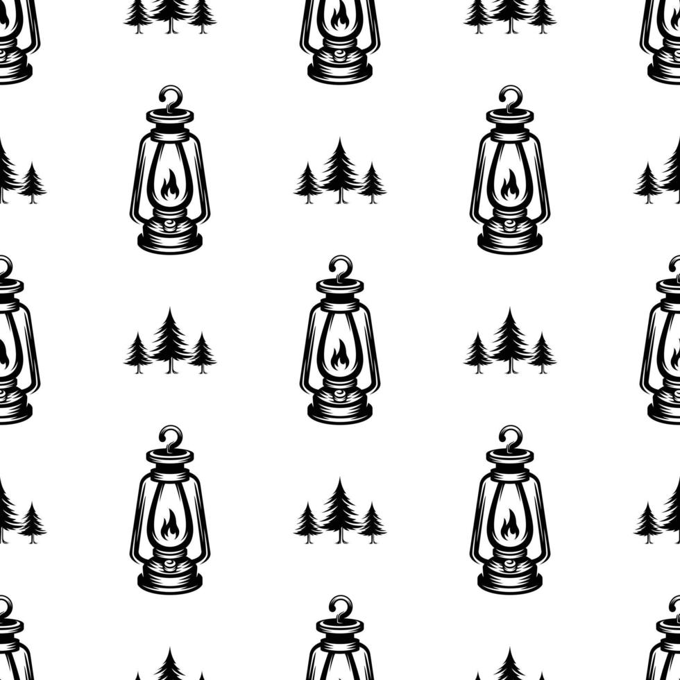 pattern seamless of lantern and pines tree in style vintage, retro, engraved. - vector illustrations