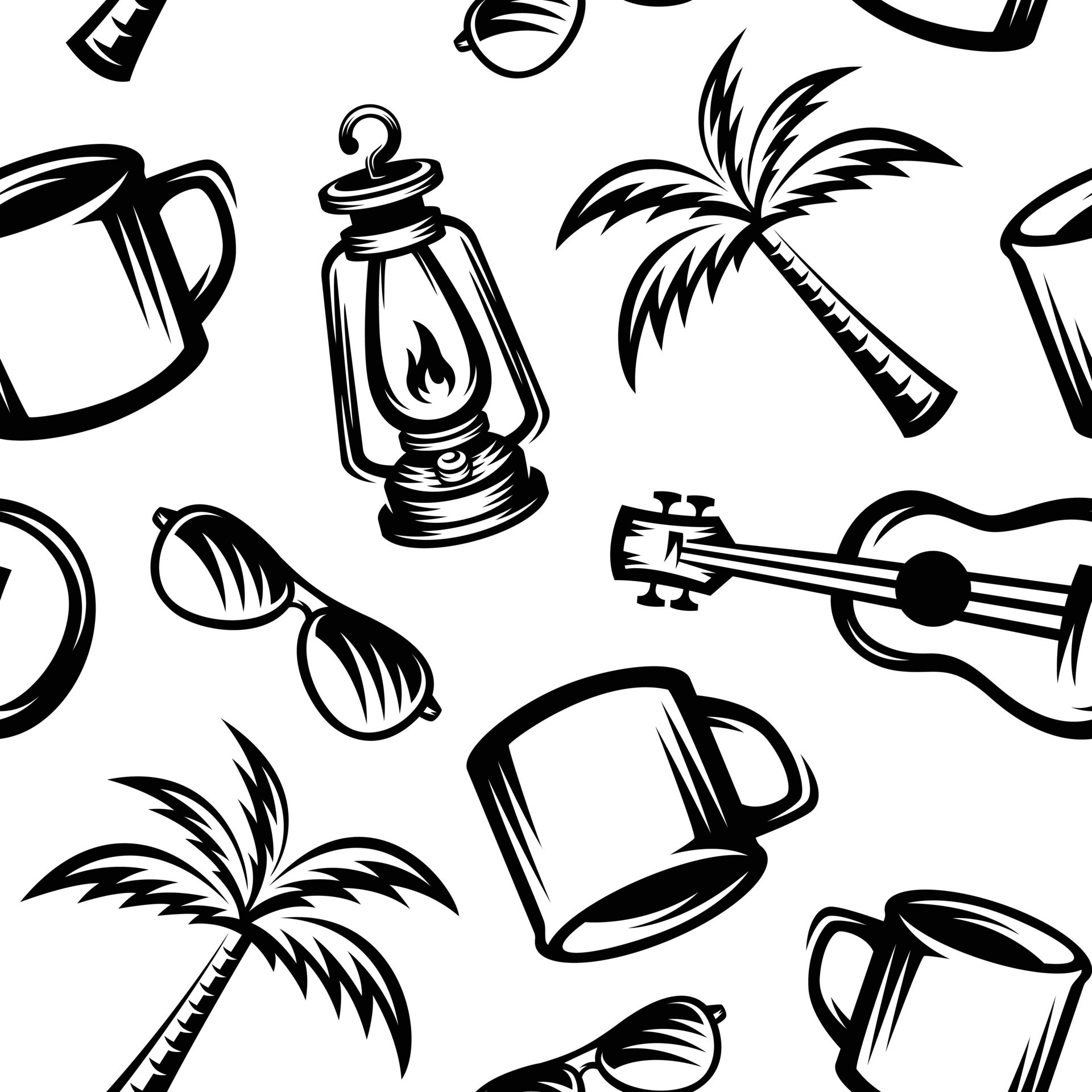 pattern seamless of lantern , mug, eyeglasses, guitar, tree, palm tree ...