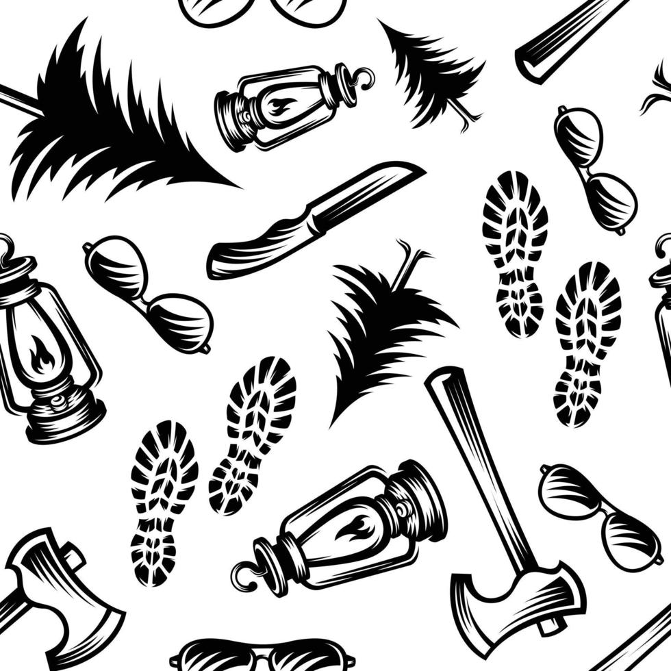 pattern seamless of sun glasses, pine tree, lantern, ax, knife, footprints of shoes in style vintage, retro, engraved. - vector illustrations