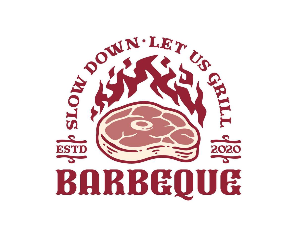insignia del logotipo de la parrilla de bistec a la barbacoa con fuego en vintage vector