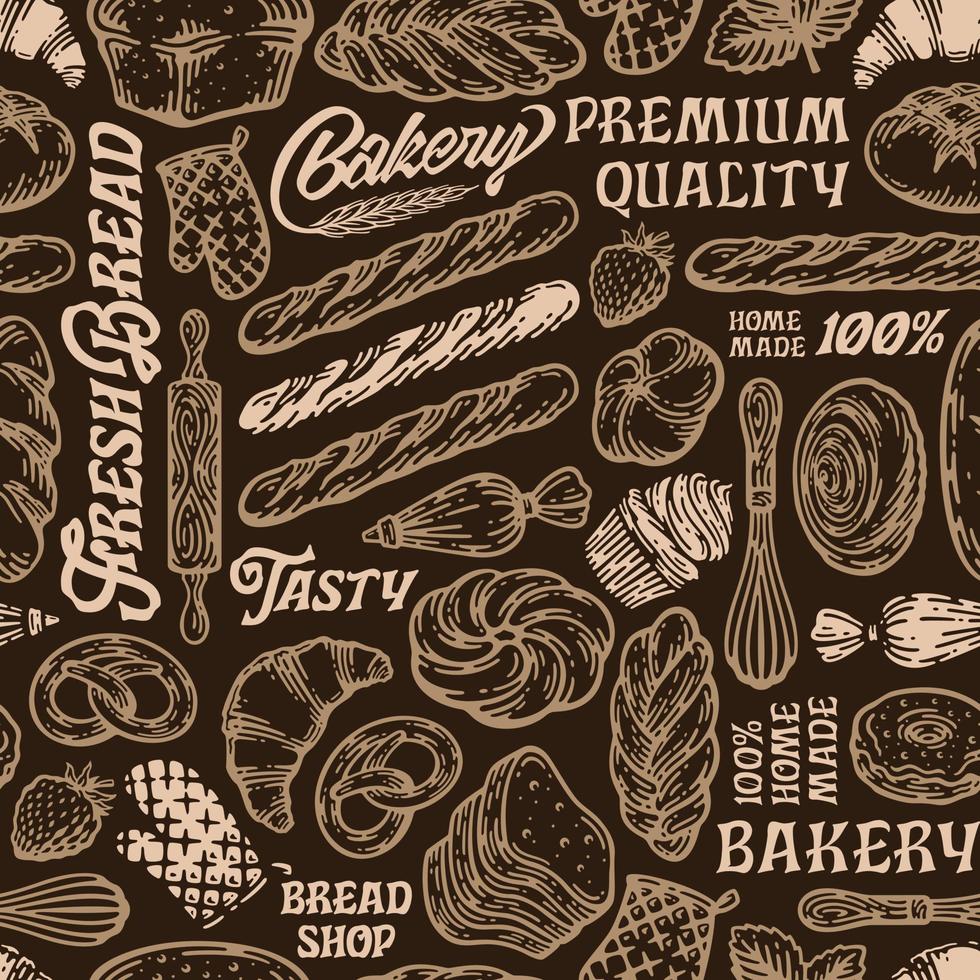 vintage styled typographic vector bread and bakery seamless pattern or background. Bread and bakery illustrations.