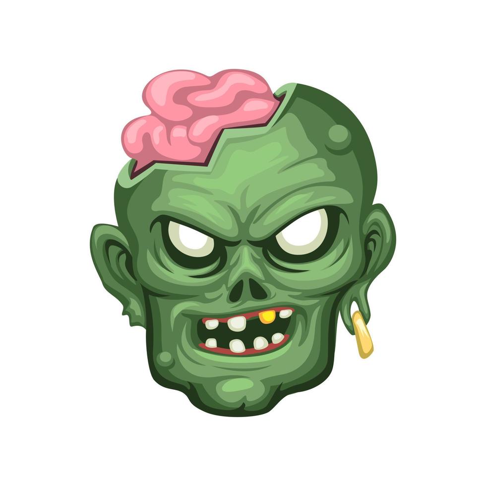 cabeza de zombi con cerebro fuera del vector de ilustración de personaje de dibujos animados