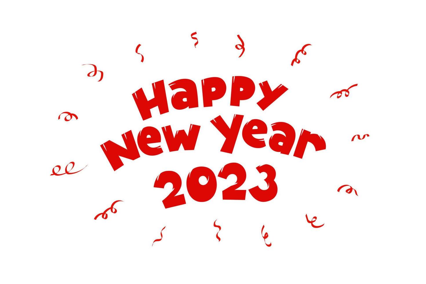 Happy New Year 2023 cartoon style handwritten lettering inscription greeting card design. Merry Christmas holiday festive hand drawn typography text with confetti vector eps illustration