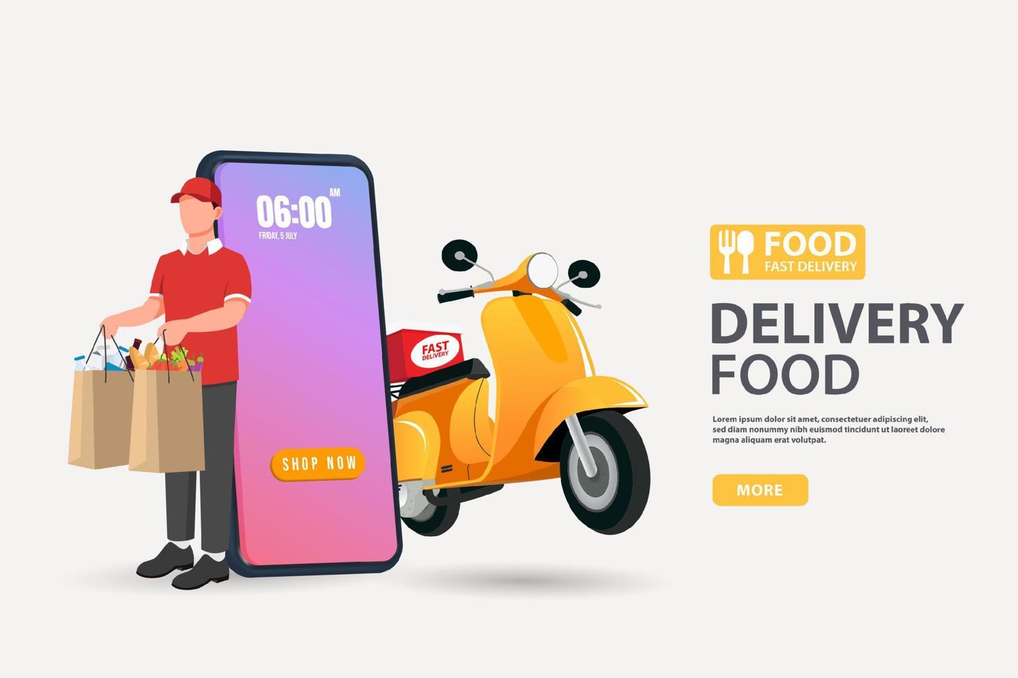 el repartidor de alimentos entrega el paquete de alimentos y ve el mapa de ubicación del cliente en el teléfono móvil. concepto de pedido y entrega de alimentos con scooter amarillo vector
