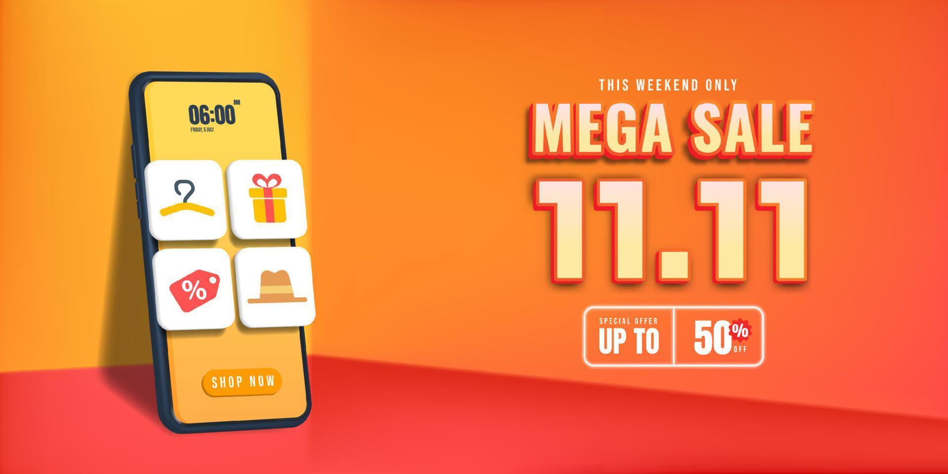 3D 11 11 Mega Sale Poster or banner with Smartphone and spotlight background.11 november sales vector