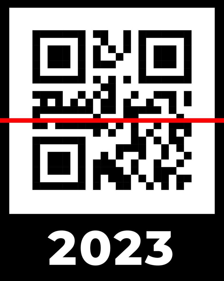 Real QR code 2023 numbers with red scan line. Happy New Year with covid vaccination barcode concept design template. Vector eps illustration for banner, poster, greeting card, invitation