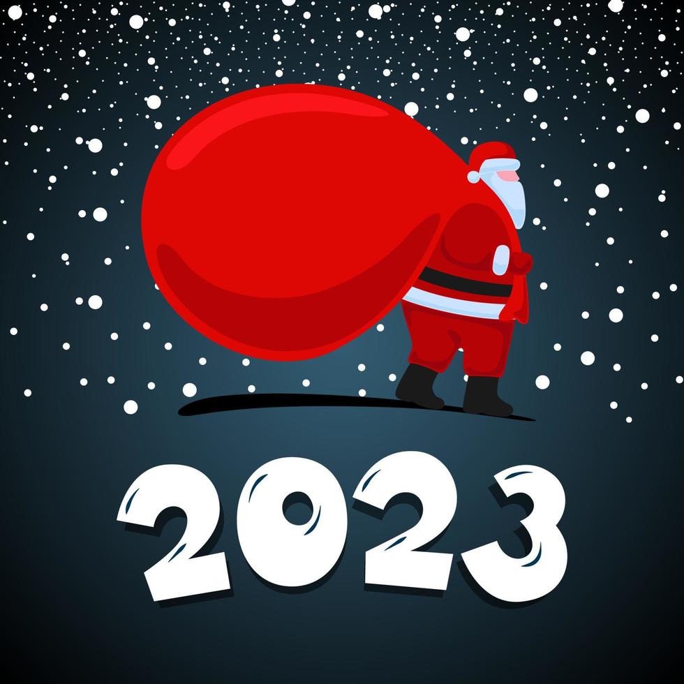 el personaje de dibujos animados de santa claus viene y lleva una gran bolsa roja de regalos pesados. navidad y feliz año nuevo 2023 tarjeta de felicitación de vacaciones en el fondo nocturno. ilustración de cartel de calendario de celebración de vector