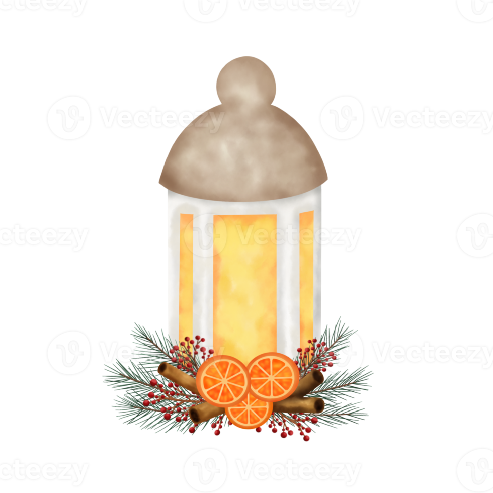 Christmas lantern with orange,cinnamon,berry and pine branches