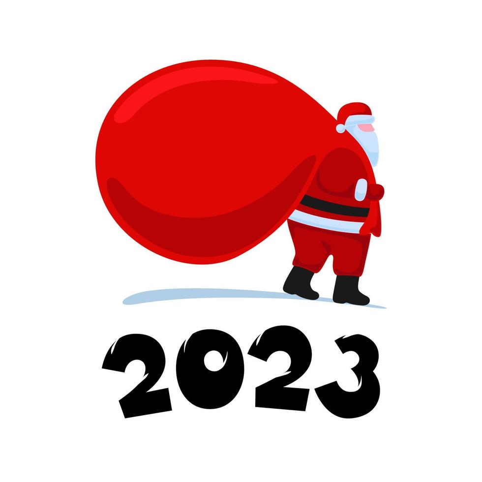 el personaje de dibujos animados de santa claus viene y lleva una gran bolsa roja de regalos pesados. tarjeta de felicitación navideña y feliz año nuevo 2023 sobre fondo blanco. vector eps celebración calendario ilustración