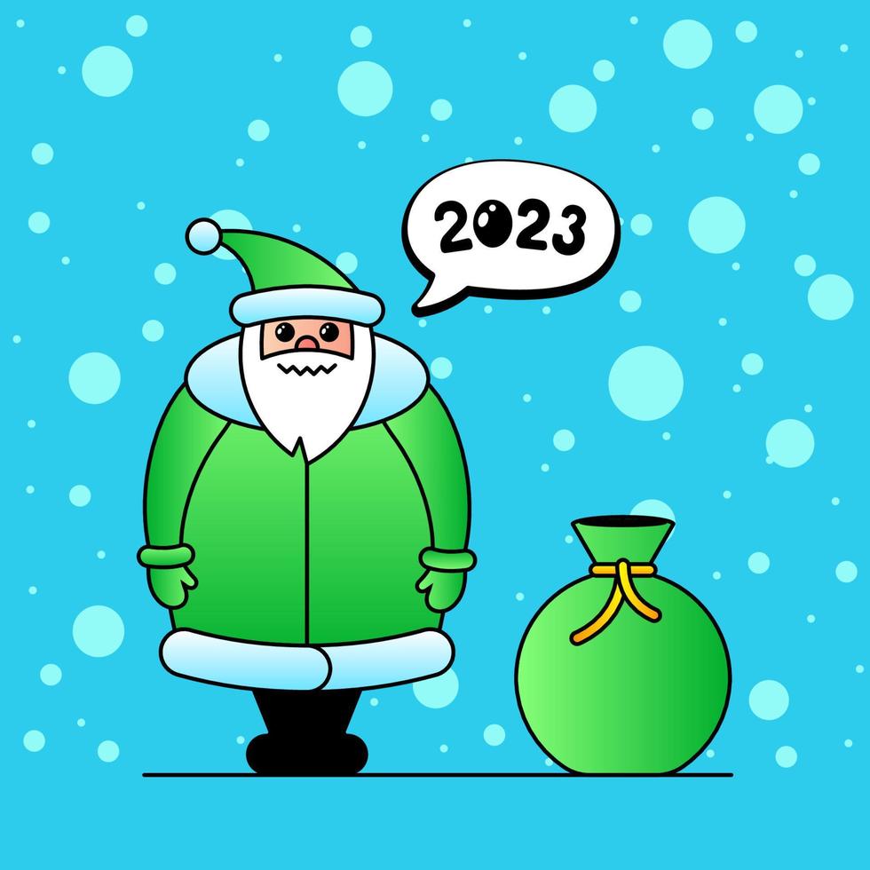 Cute cartoon green kawaii Santa Claus character for Christmas and Happy New year 2023 celebration poster. Gift bag and snow sweet greeting card. Vector xmas on speech bubble inspiration eps