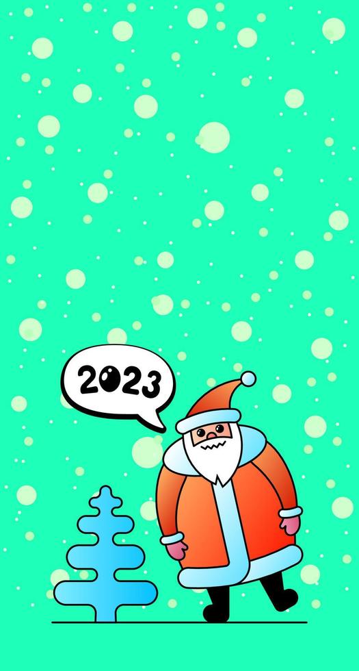 Cute cartoon funny kawaii Santa Claus character for Christmas and Happy New year 2023 celebration. Spruce and winter snow holiday greeting card for blogger story banner. Vector eps illustration