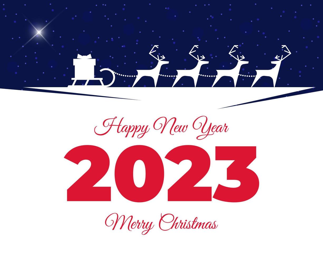 Santa Claus reindeer harness with gift box on sleigh greeting card. Merry Christmas and Happy New Year 2023 lettering with shining bethlehem star calendar cover. Xmas magic night vector Illustration