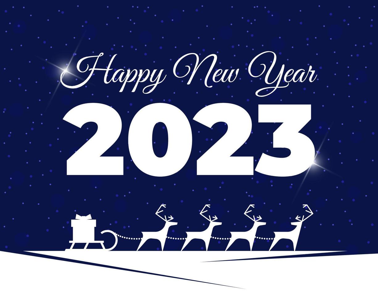 Santa Claus reindeer harness with gift box on sleigh inversion on blue background. Merry Christmas and Happy New Year 2023 greeting card design. Xmas deer and sled silhouette vector eps Illustration