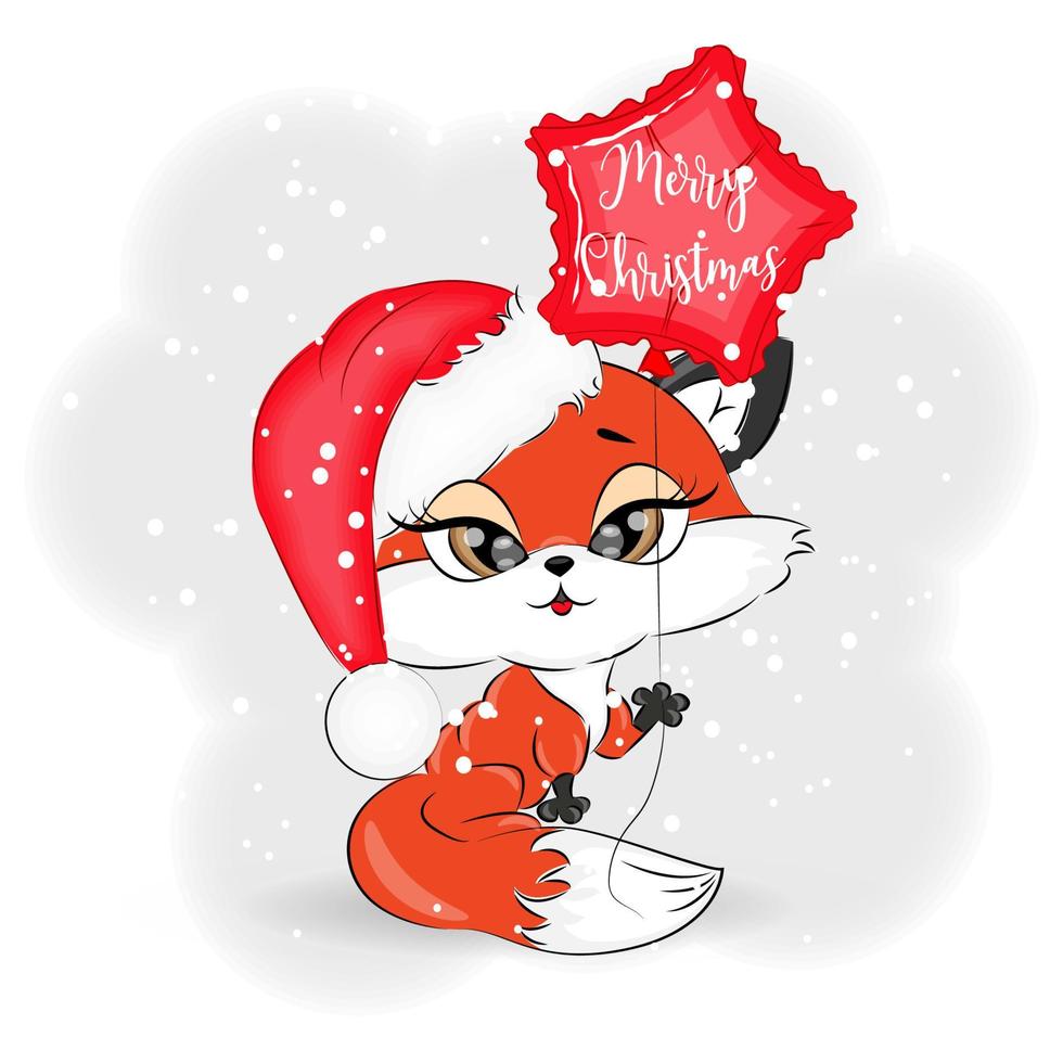 Cute Christmas fox with a balloon new year, vector illustration