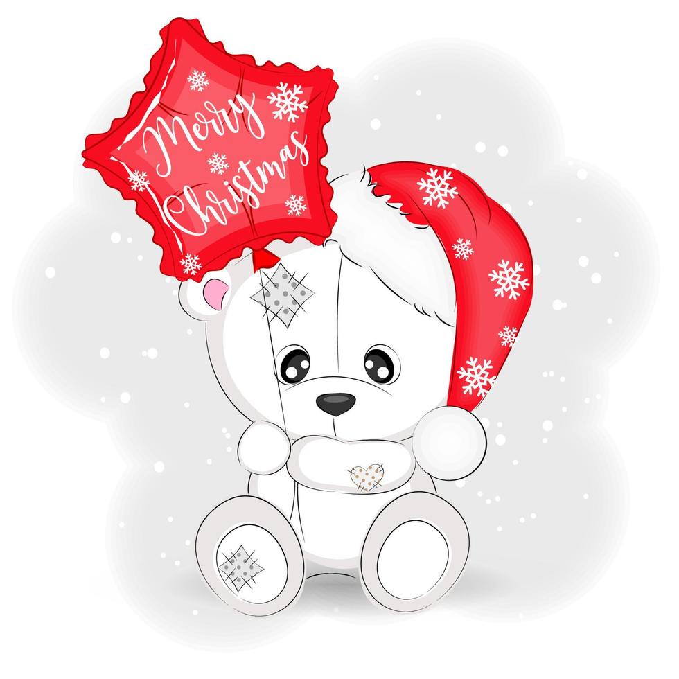 Cute polar bear with a balloon for Christmas, vector Christmas illustration