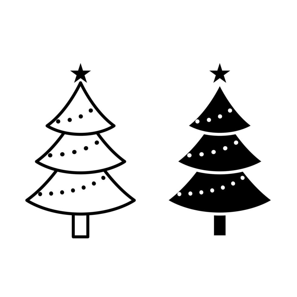 icono de línea de árbol de Navidad, decorado con contorno de coníferas y glifo vectorial relleno, pictograma lineal y de longitud completa aislado en blanco, ilustración de logotipo vector