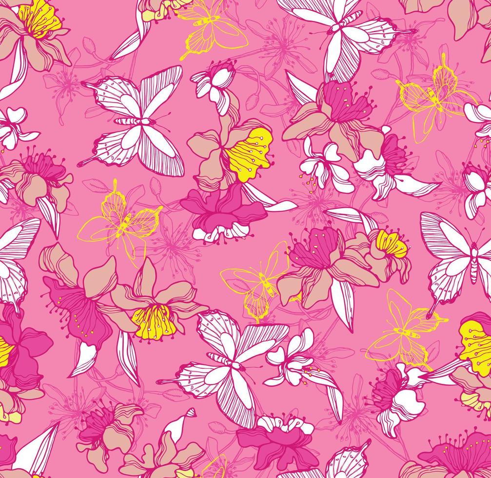 pájaros, mariposas y patrones florales. patrón floral sin fisuras en el vector. vector