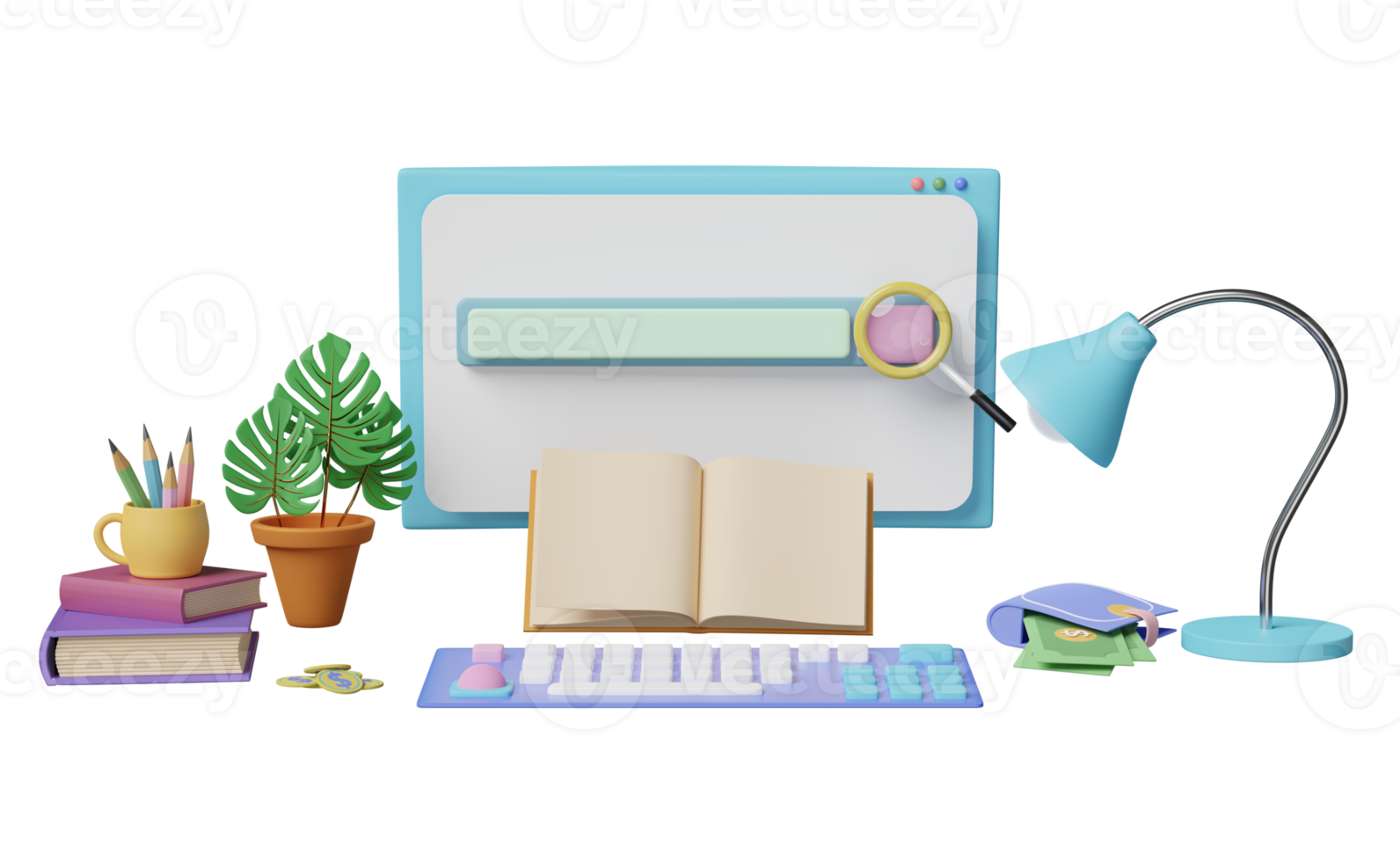 computer monitor with blank search bar, magnifying glass, book, lamp, coffee cup, pencil isolated. web search engine or web browsing concept,3d illustration or 3d render png
