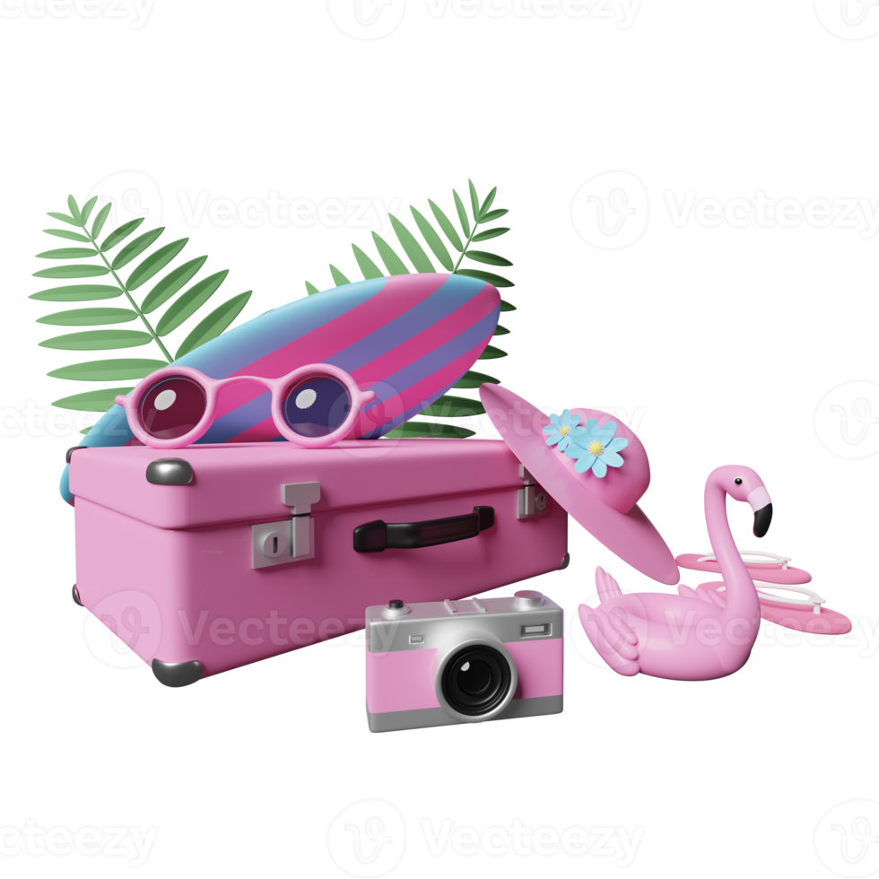 summer travel with pink suitcase, sunglasses, surfboard, Inflatable flamingo, palm, sandals, hat, camera isolated. concept 3d illustration, 3d render png